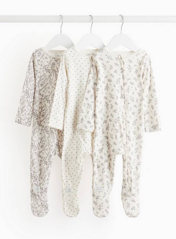 Mono Floral Print Two-Way Zip Sleepsuit 3 Pack  3-6 months